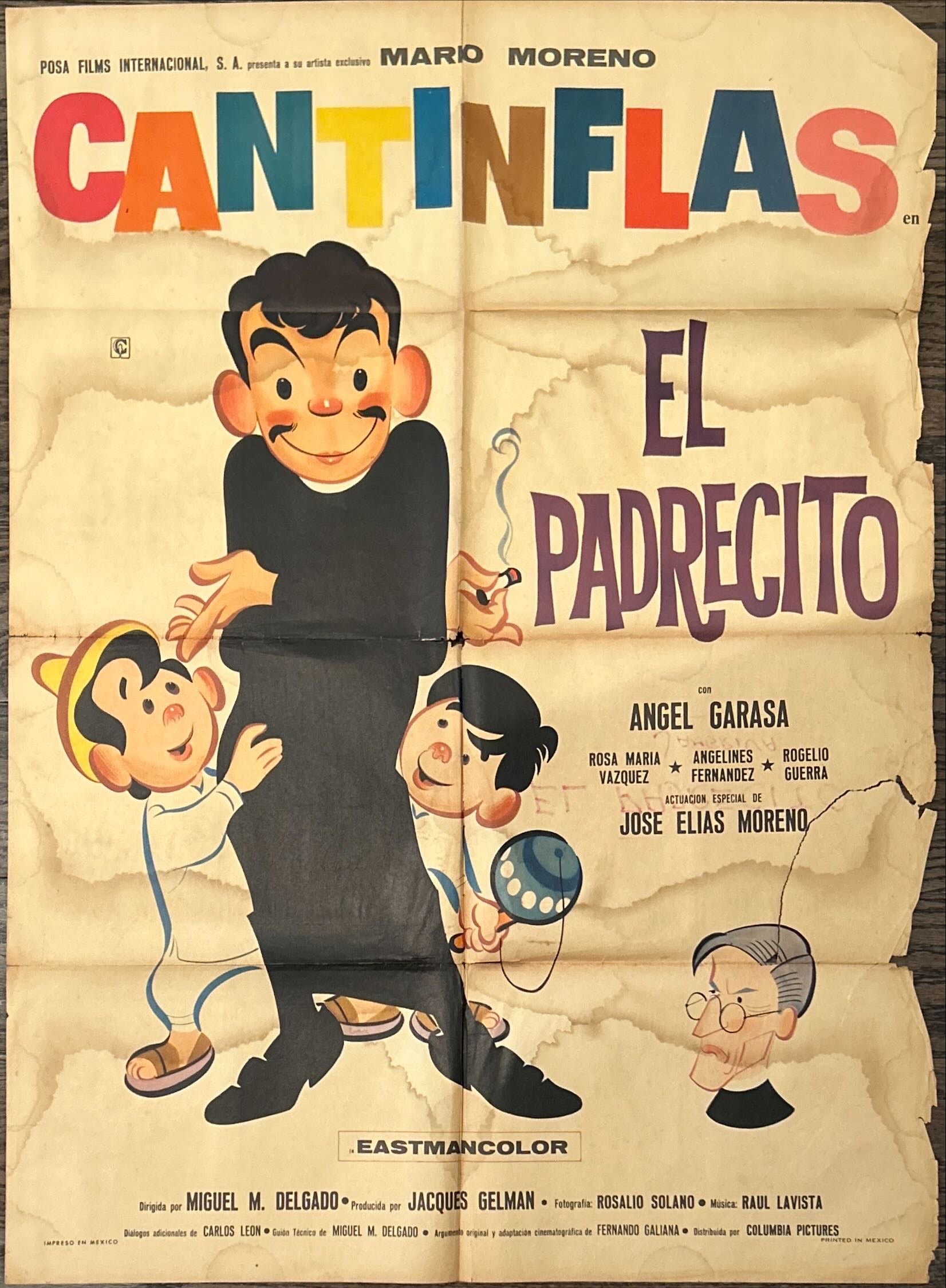 El Padrecito Mexican poster '64 art of priest Cantinflas hiding cigarette from kids