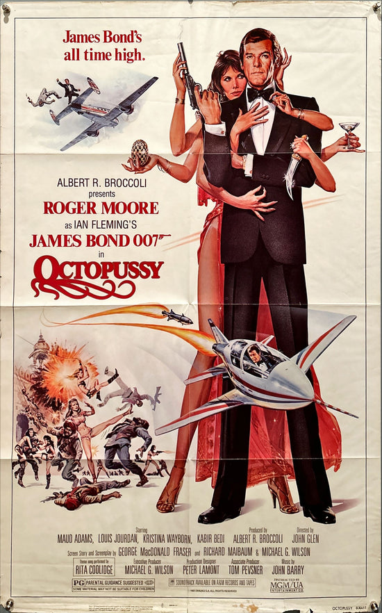 Octopussy, 1sh 1983 Goozee art of sexy Maud Adams & Roger Moore as James Bond 007