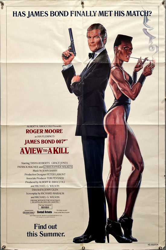 A View to a Kill, advance 1sh 1985 art of Roger Moore & Jones by Goozee over white background