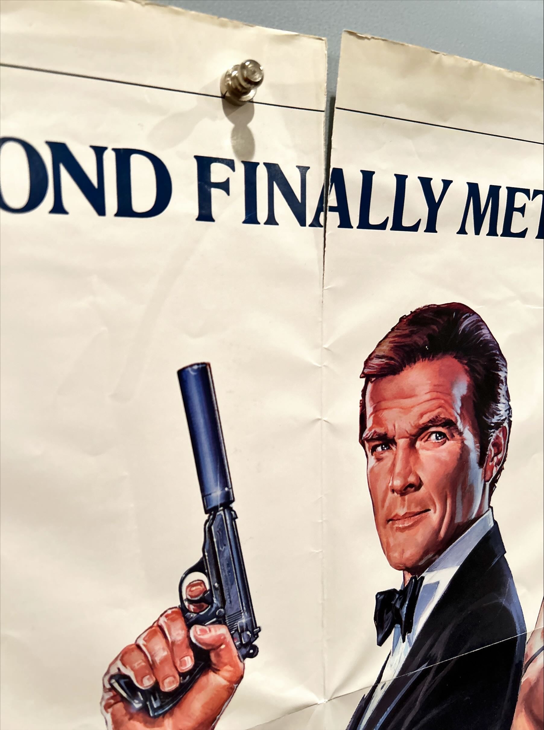 A View to a Kill, advance 1sh 1985 art of Roger Moore & Jones by Goozee over white background