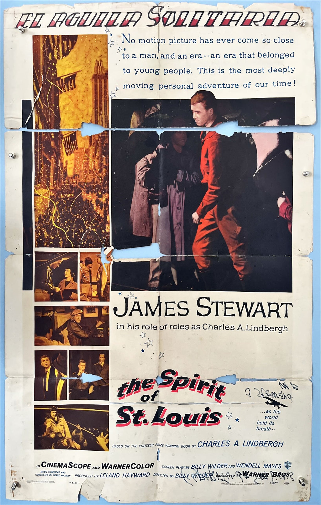 The Spirit of St. Louis – Original Spanish One Sheet (1957) Starring James Stewart | Directed by Billy Wilder Warner Bros. | Folded | Size: 27 x 41 in