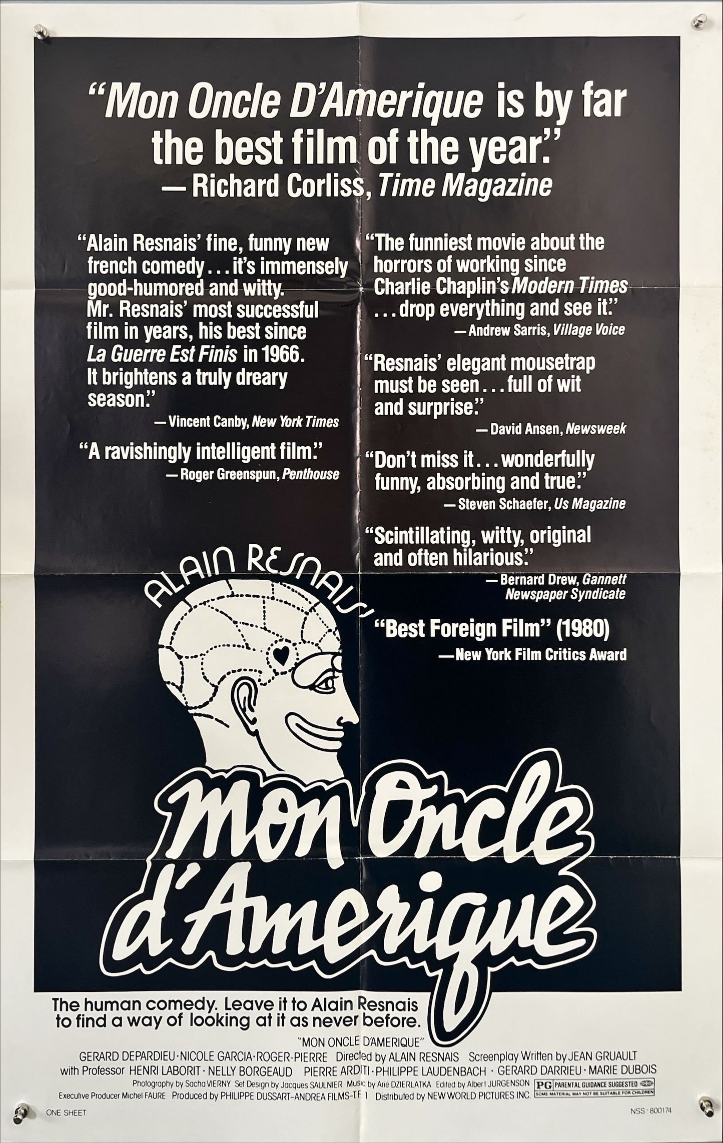 Mon Oncle d’Amérique (1980) – Original U.S. One-Sheet Movie Poster (27x41”) | Alain Resnais | Gérard Depardieu, Nicole Garcia | Folded