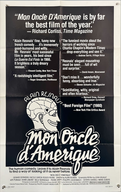 Mon Oncle d’Amérique (1980) – Original U.S. One-Sheet Movie Poster (27x41”) | Alain Resnais | Gérard Depardieu, Nicole Garcia | Folded