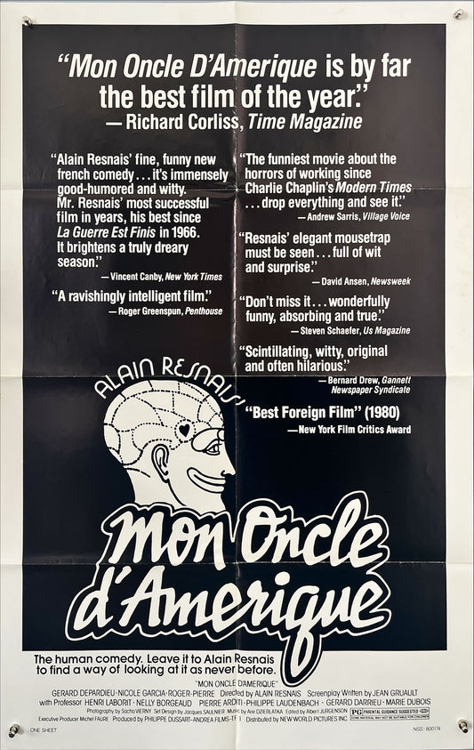 Mon Oncle d’Amérique (1980) – Original U.S. One-Sheet Movie Poster (27x41”) | Alain Resnais | Gérard Depardieu, Nicole Garcia | Folded