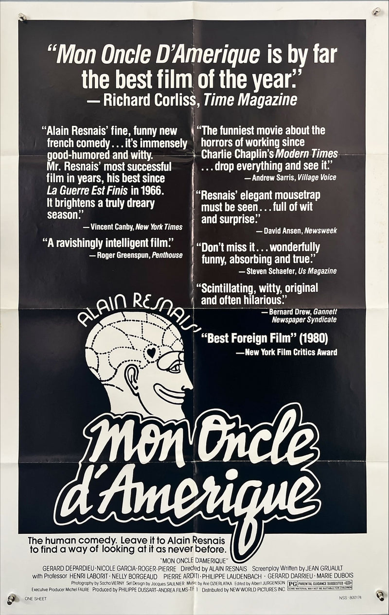 Mon Oncle d’Amérique (1980) – Original U.S. One-Sheet Movie Poster (27x41”) | Alain Resnais | Gérard Depardieu, Nicole Garcia | Folded