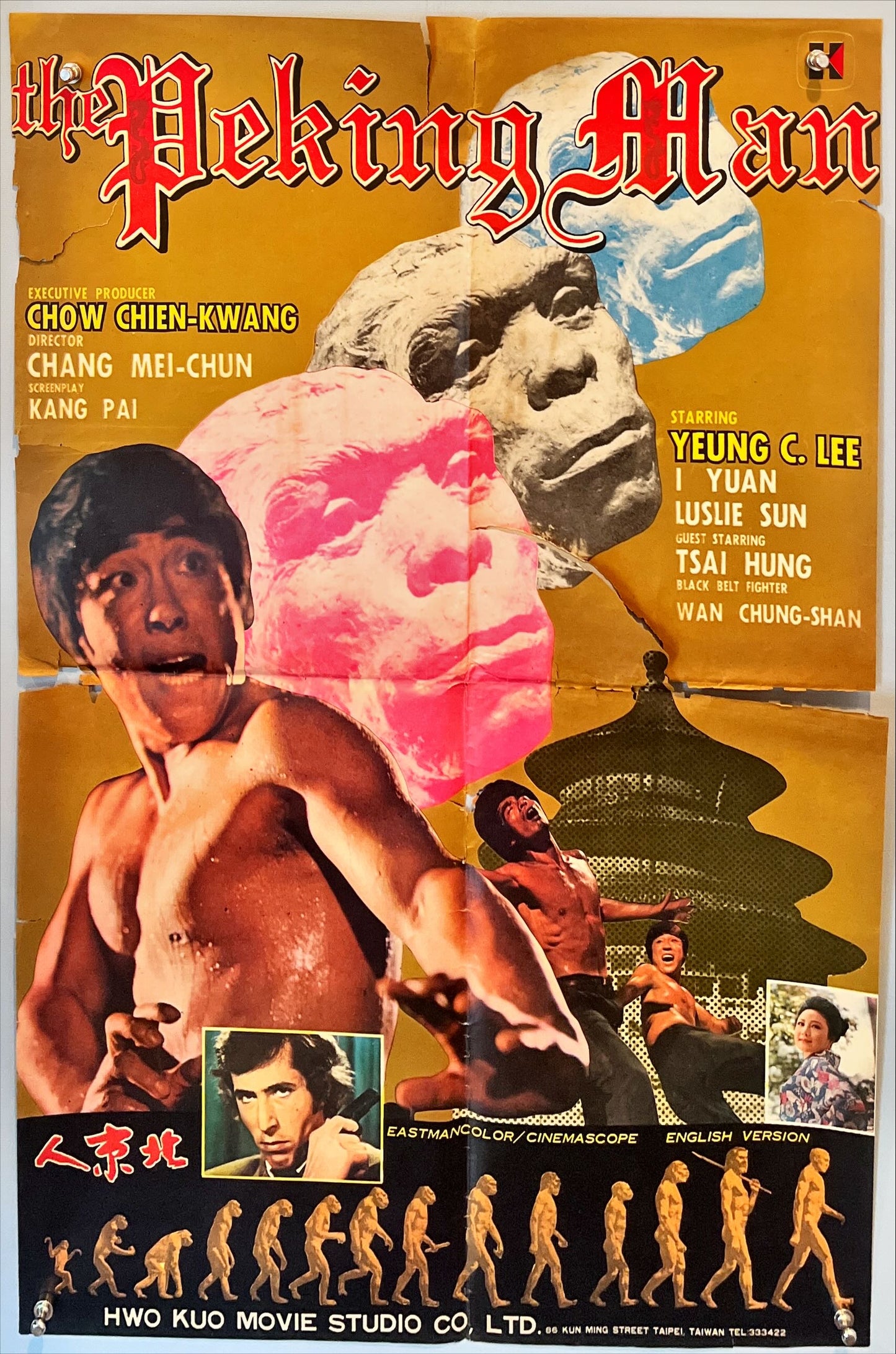 Vintage movie poster for 'The Peking Man' with images of a monkey, a man, and a temple.