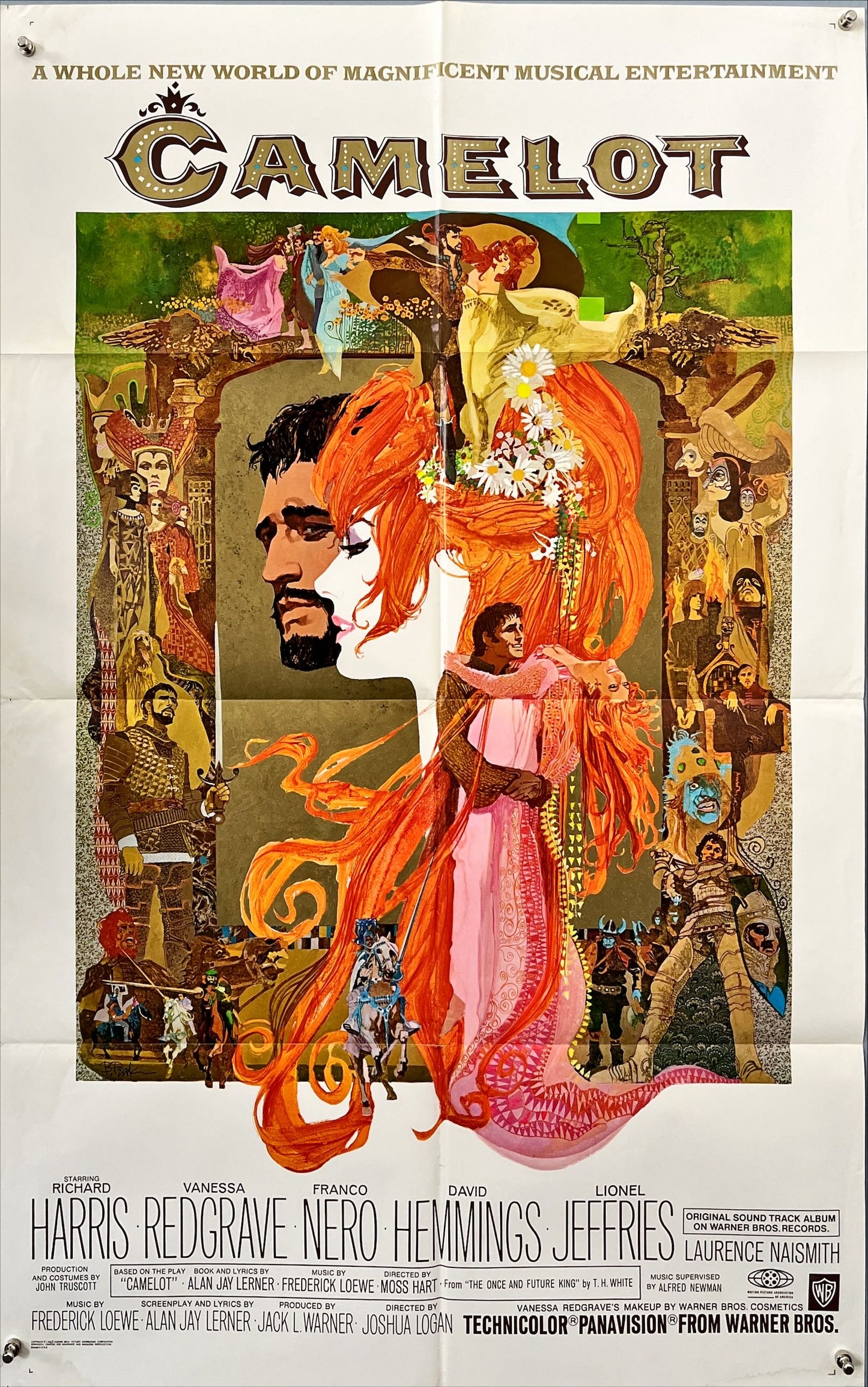 Vintage movie poster for 'Camelot' featuring a stylized illustration of a man and woman with elaborate hair and costumes.