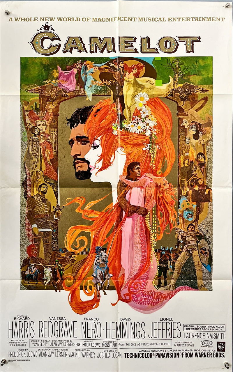 Vintage movie poster for 'Camelot' featuring a stylized illustration of a man and woman with elaborate hair and costumes.