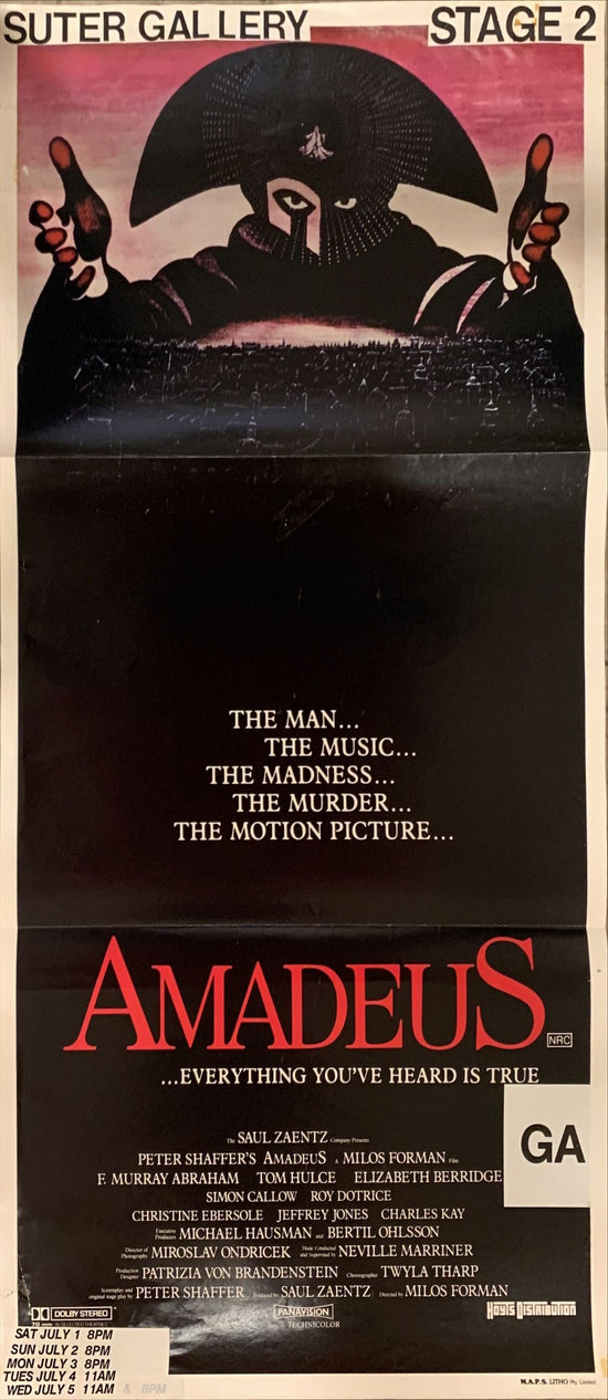 Amadeus,Aust daybill 1985 Milos Foreman, Mozart biography, winner of 8 Academy Awards