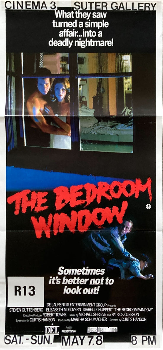 The Bedroom Window Aust daybill 1987 Steve Guttenberg holds Isabelle Huppert, Elizabeth McGovern