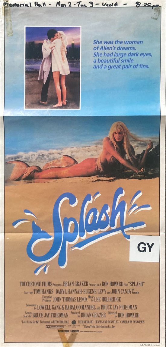 Splash, Aust daybill 1984 Tom Hanks loves mermaid Daryl Hannah in New York City