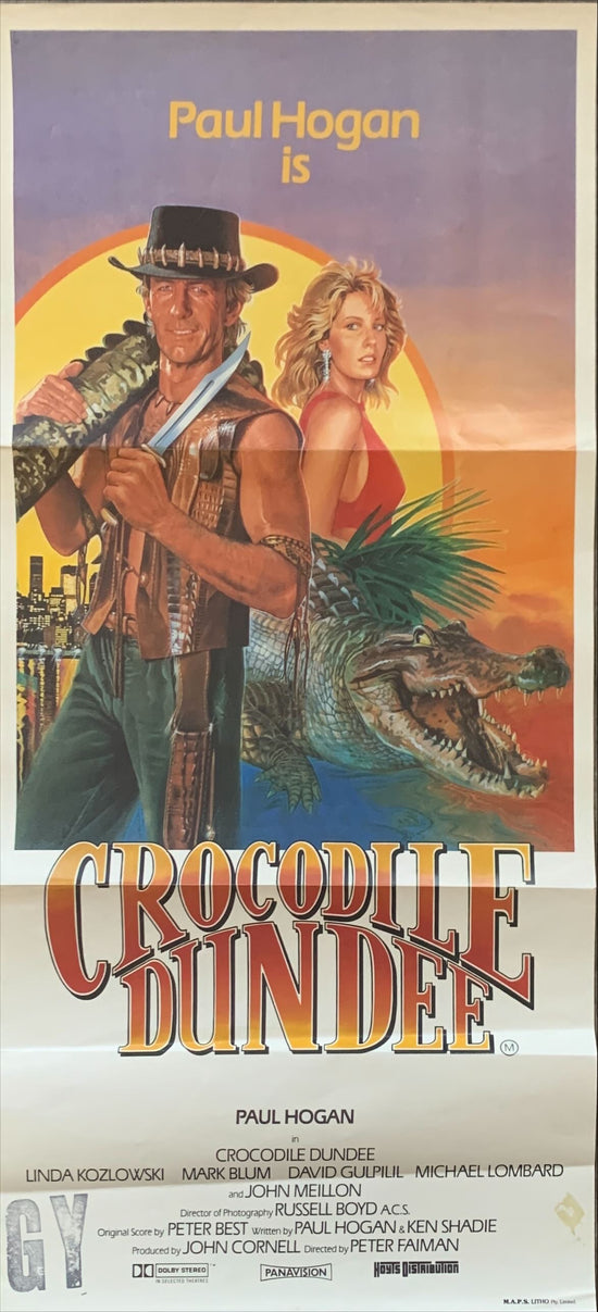 Crocodile Dundee, Aust daybill 1986 different art of Paul Hogan & Linda Kozlowski by Clinton