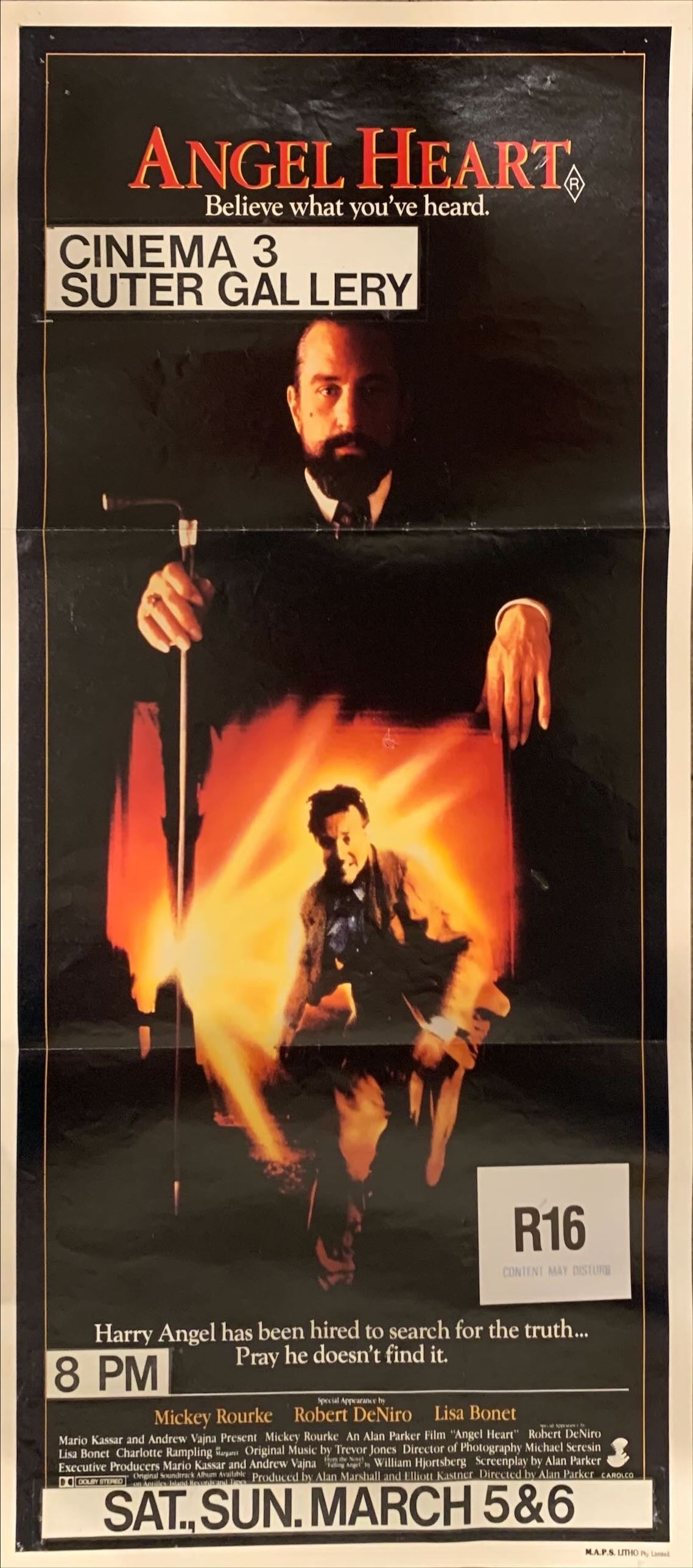 Angel Heart, Aust daybill '87 Robert DeNiro, Mickey Rourke, directed by Alan Parker