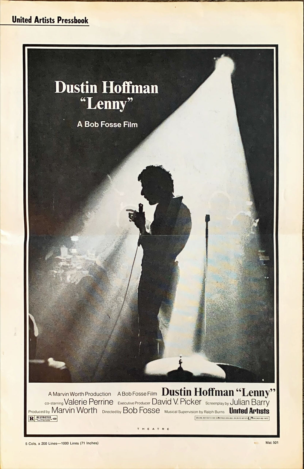 Lenny pressbook '74 silhouette image of Dustin Hoffman as comedian Lenny Bruce at microphone
