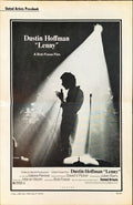 Lenny pressbook '74 silhouette image of Dustin Hoffman as comedian Lenny Bruce at microphone
