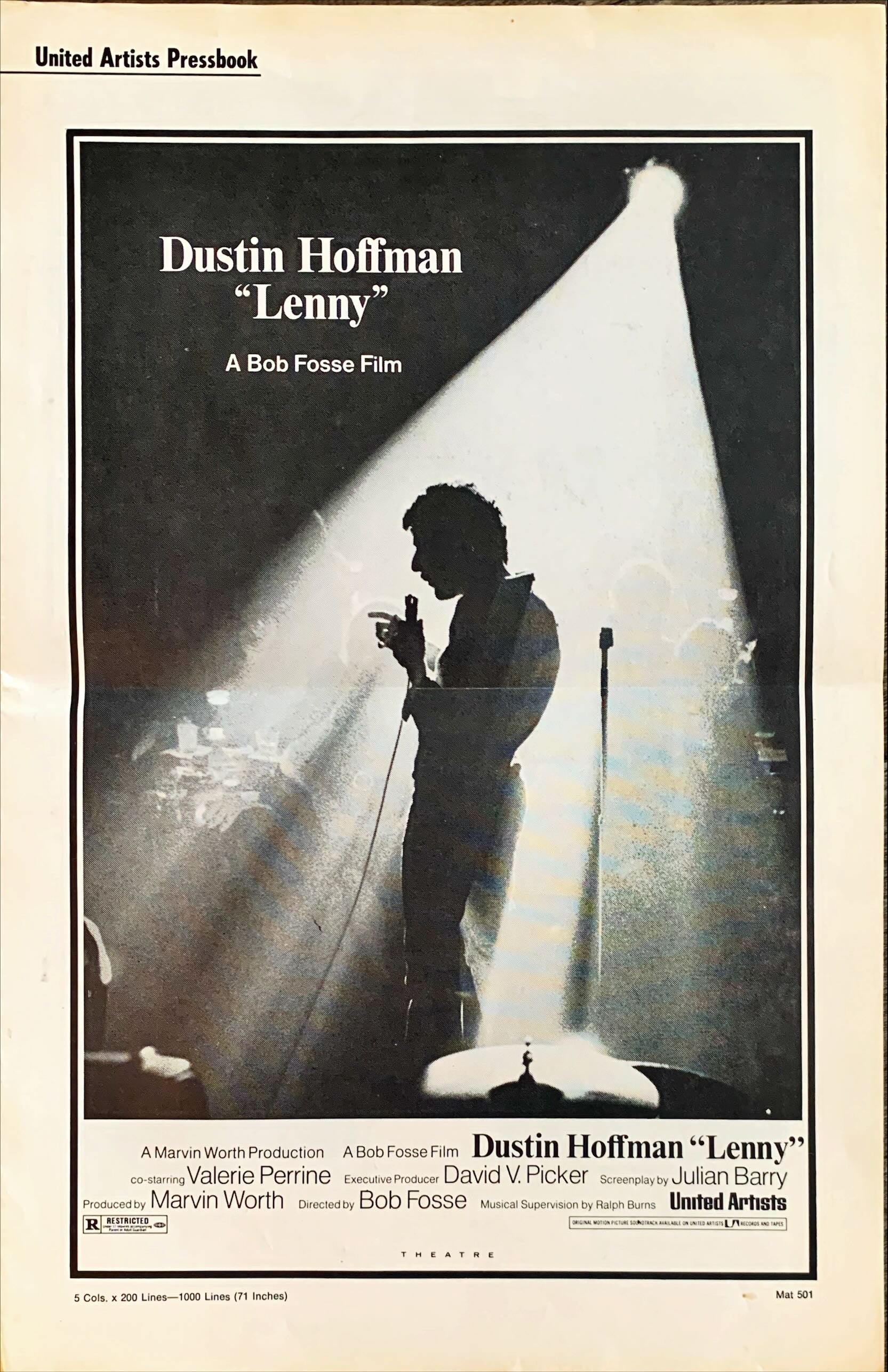 Lenny pressbook '74 silhouette image of Dustin Hoffman as comedian Lenny Bruce at microphone