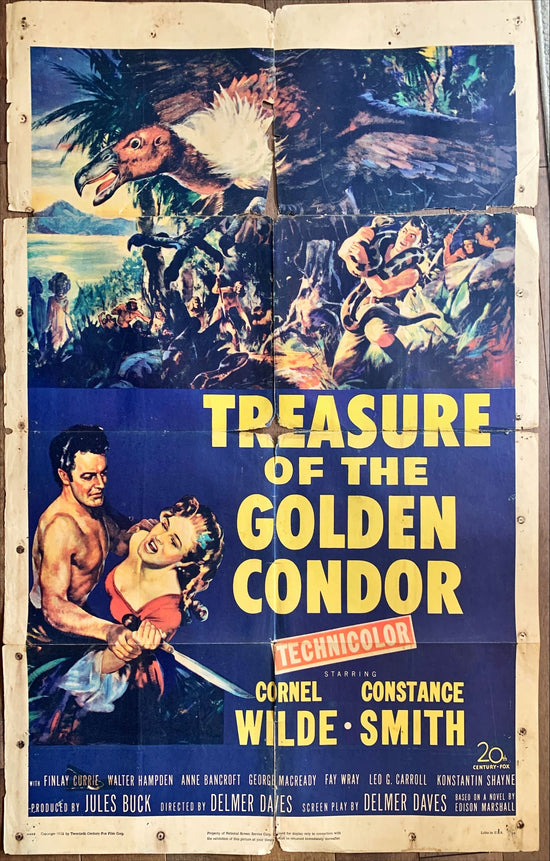 Treasure of the golden condor, 1sh 1953 art of Cornel Wilde grabbing girl & attacked by snake
