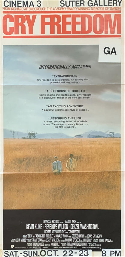 Cry Freedom, Australian Daybill, '87 Kevin Kline, Denzel Washington, directed by Richard Attenborough