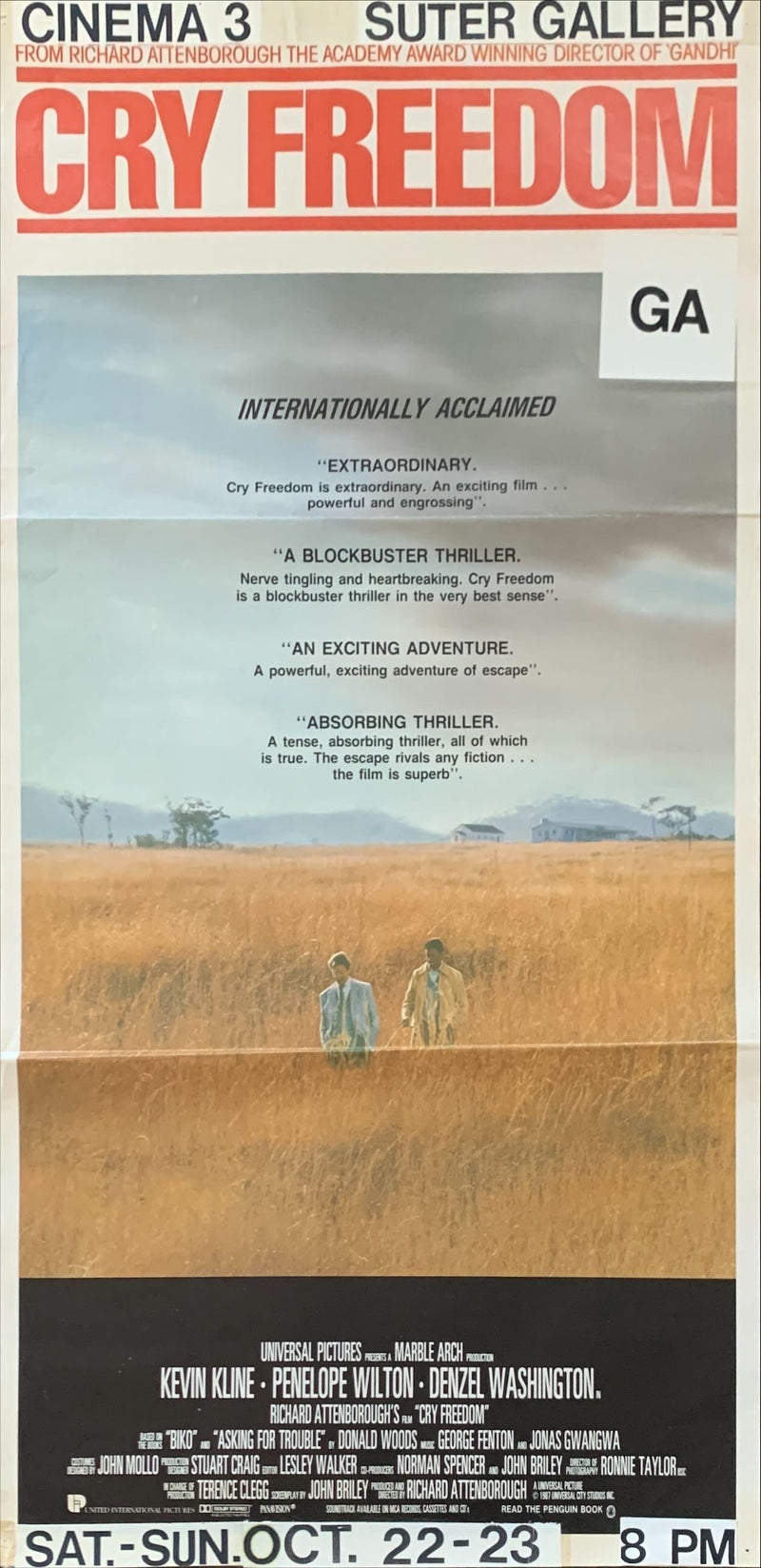Cry Freedom, Australian Daybill, '87 Kevin Kline, Denzel Washington, directed by Richard Attenborough