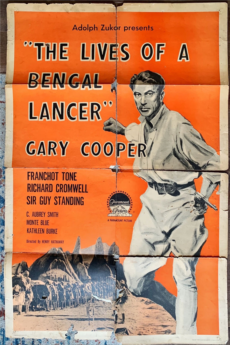The lives of a Bengal Lancer, 1sh R1958 full-length art of Gary Cooper with gun