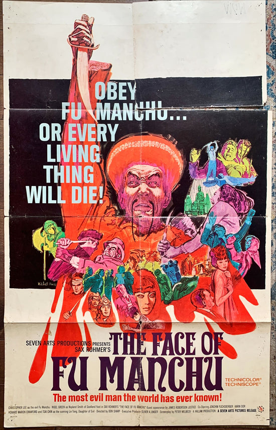 Face of Fu Manchu, 1965 art of Asian villain Christopher Lee by Mitchell Hooks