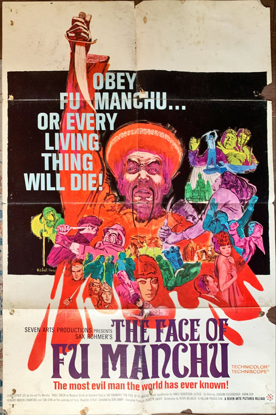 Face of Fu Manchu, 1965 art of Asian villain Christopher Lee by Mitchell Hooks