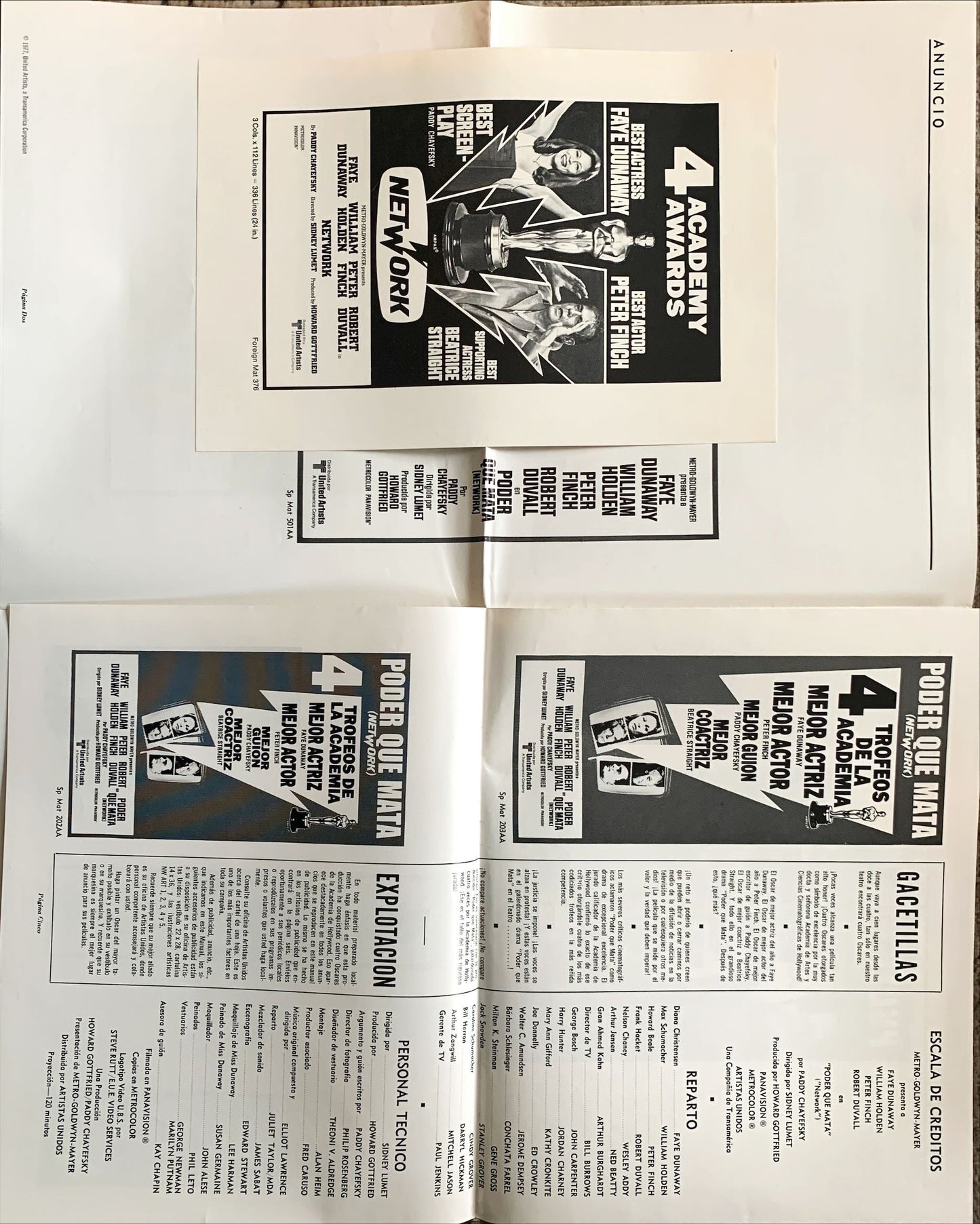 Network, Spanish pressbook, 1976 written by Paddy Cheyefsky, William Holden, Sidney Lumet classic