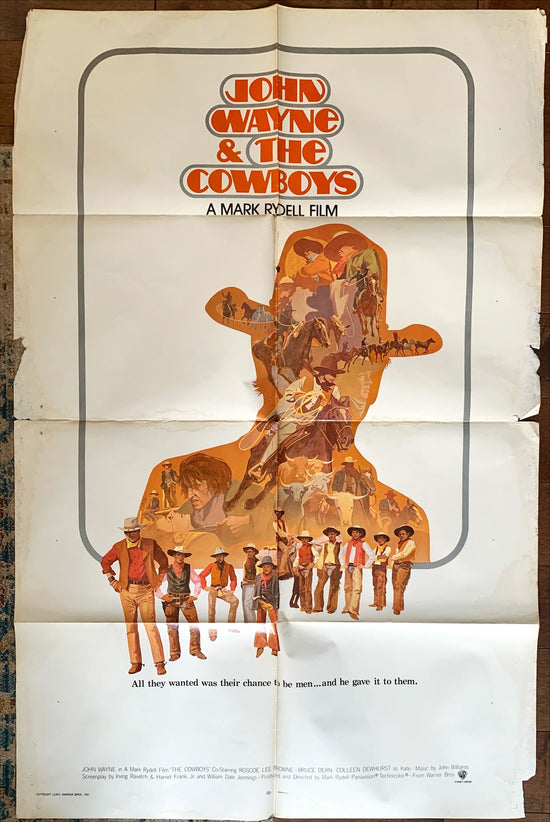 The Cowboys,style B 1sh 1972 John Wayne & the Cowboys, cool Craig Nelson western art