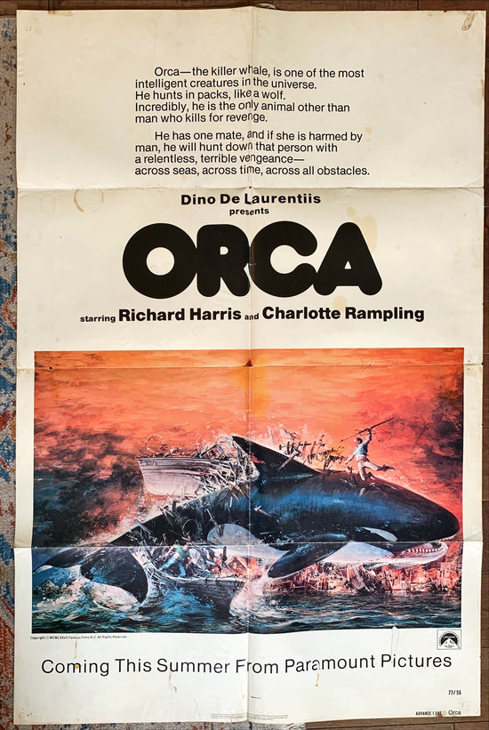 Orca, advance 1sh 1977 artwork of attacking Killer Whale by John Berkey, it kills for revenge