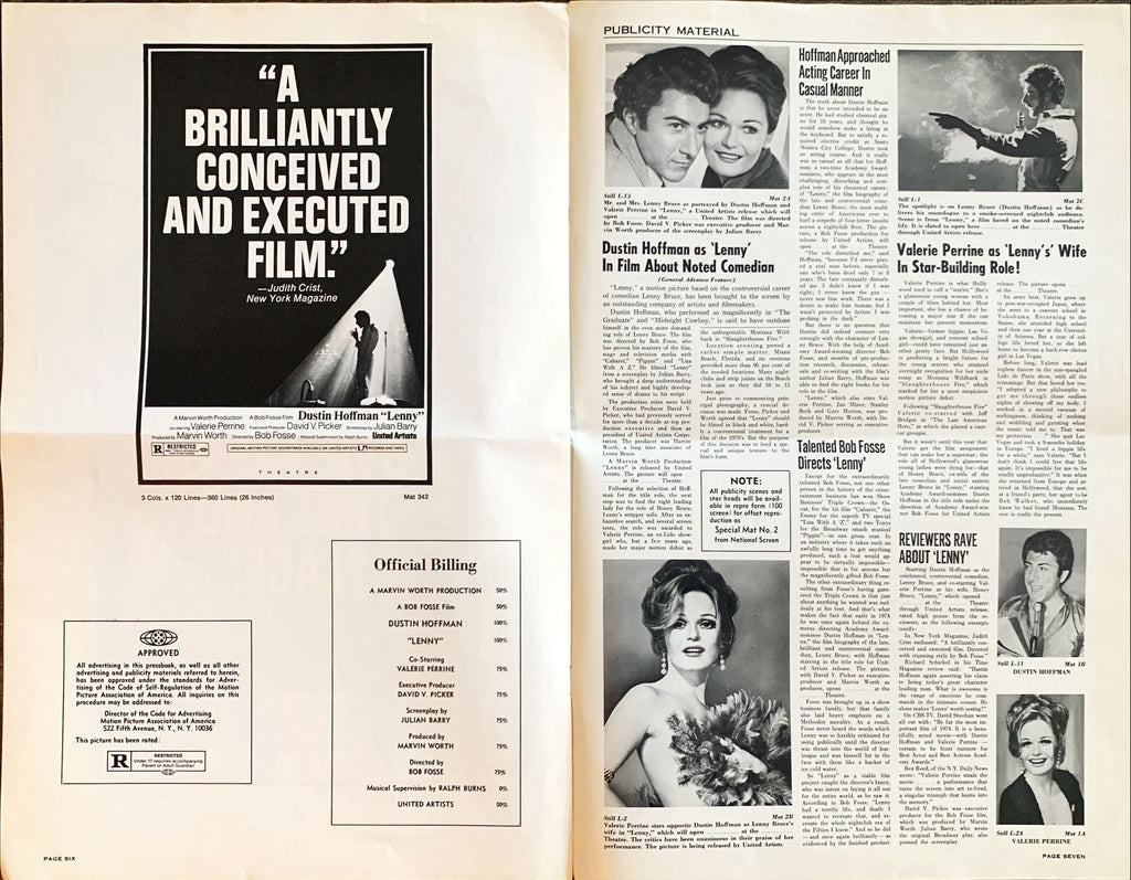 Lenny pressbook '74 silhouette image of Dustin Hoffman as comedian Lenny Bruce at microphone