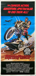 Megaforce, Aust daybill 1982 art of super hero Barry Bostwick as Ace Hunter on motorcycle