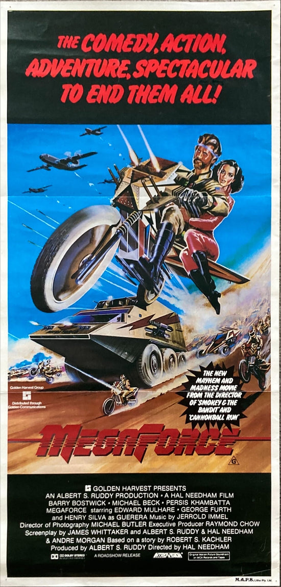 Megaforce, Aust daybill 1982 art of super hero Barry Bostwick as Ace Hunter on motorcycle