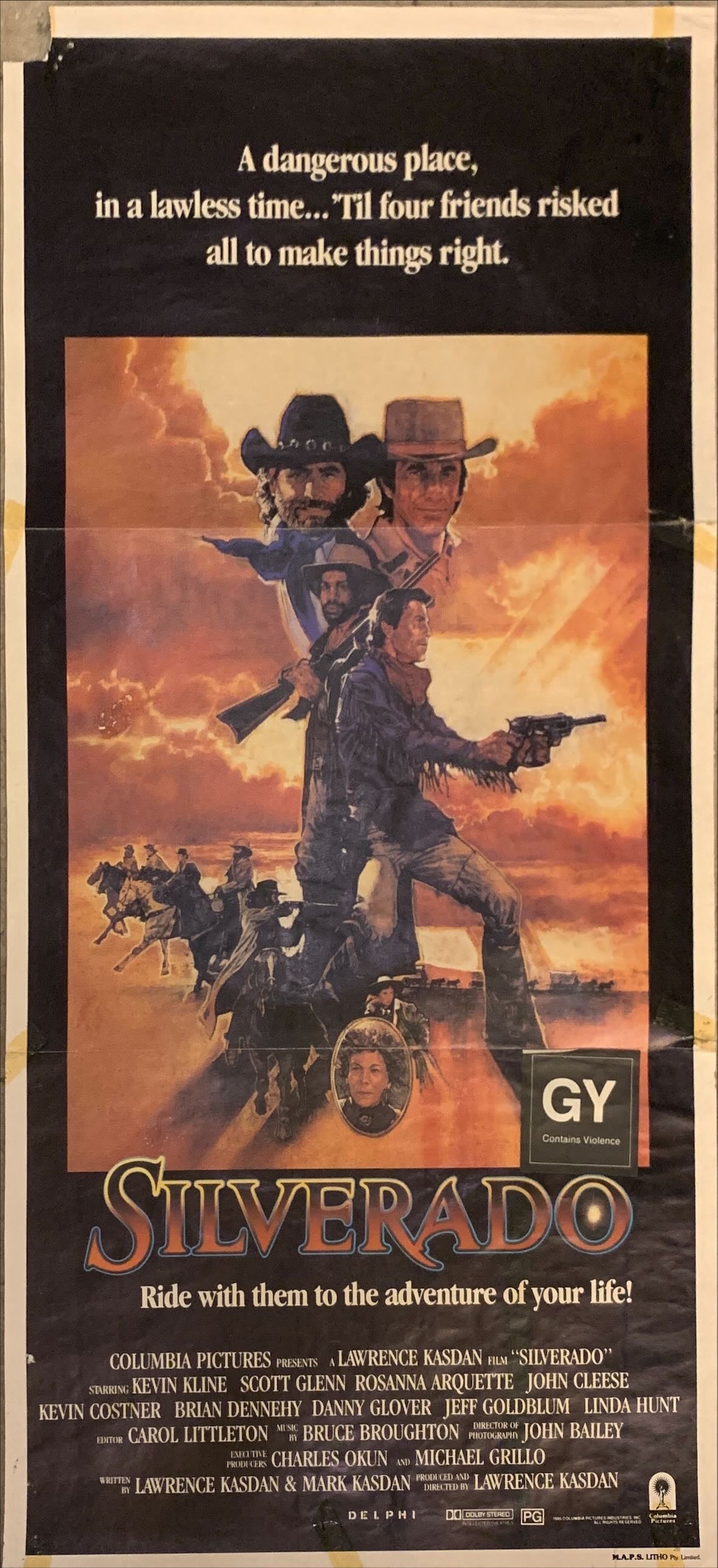 Silverado, Aust daybill 1985 art of Kevin Kline, Scott Glenn, Glover & Costner by Dudash