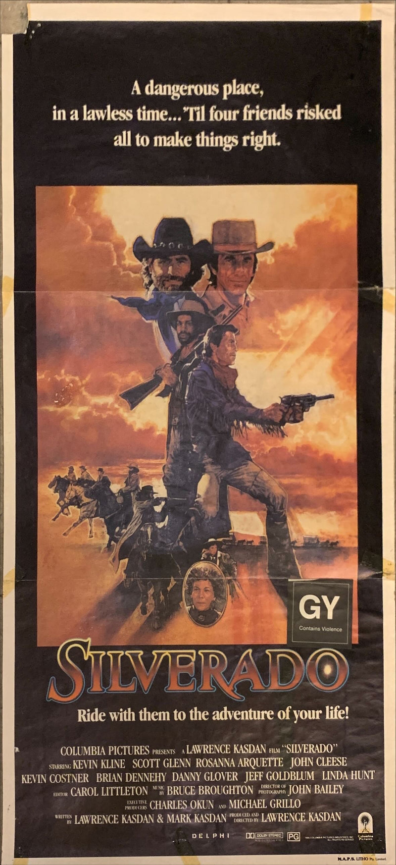 Silverado, Aust daybill 1985 art of Kevin Kline, Scott Glenn, Glover & Costner by Dudash