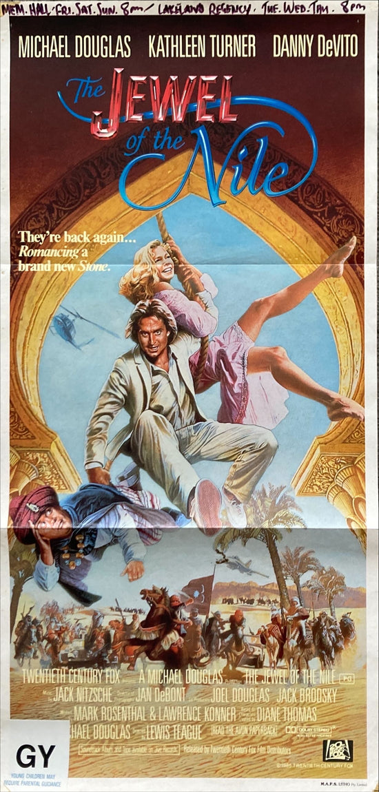 Jewel of the Nile Aust daybill 1985 great art of Michael Douglas, Kathleen Turner & DeVito