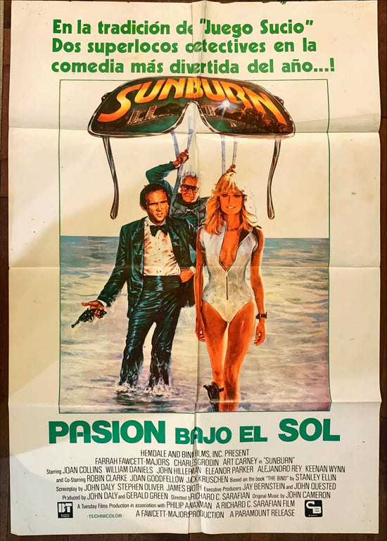 Sunburn, spanish original movie poster, 1979 art of sexy Farrah Fawcett and spy Charles Grodin by Morgan Kane