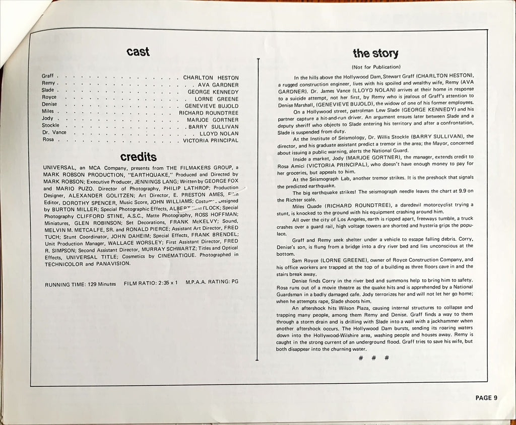 Earthquake,  vintage movie pressbook '74 Charlton Heston
