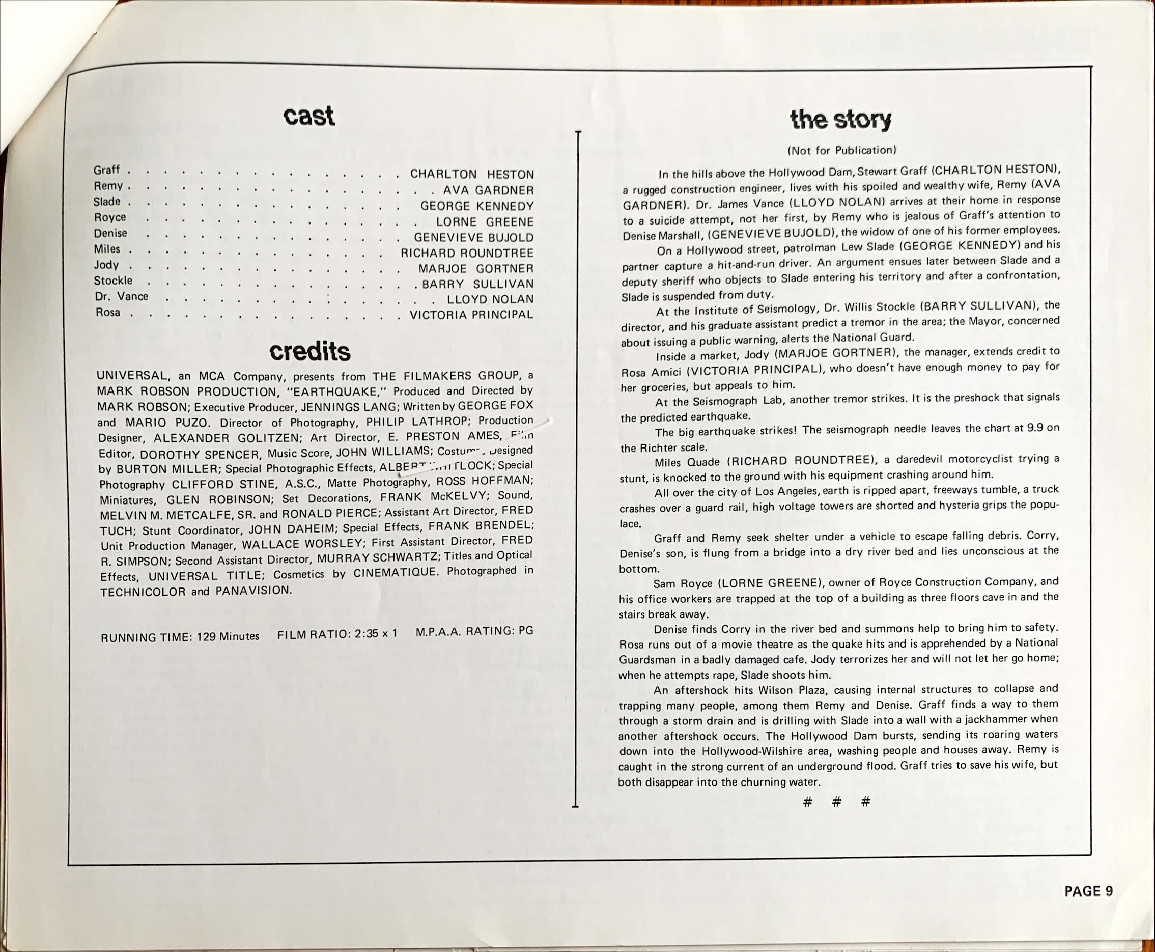 Earthquake,  vintage movie pressbook '74 Charlton Heston