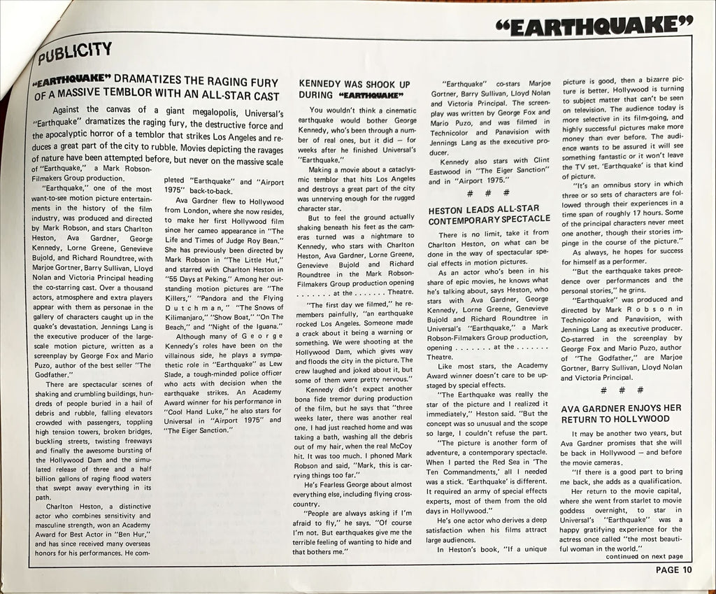 Earthquake,  vintage movie pressbook '74 Charlton Heston