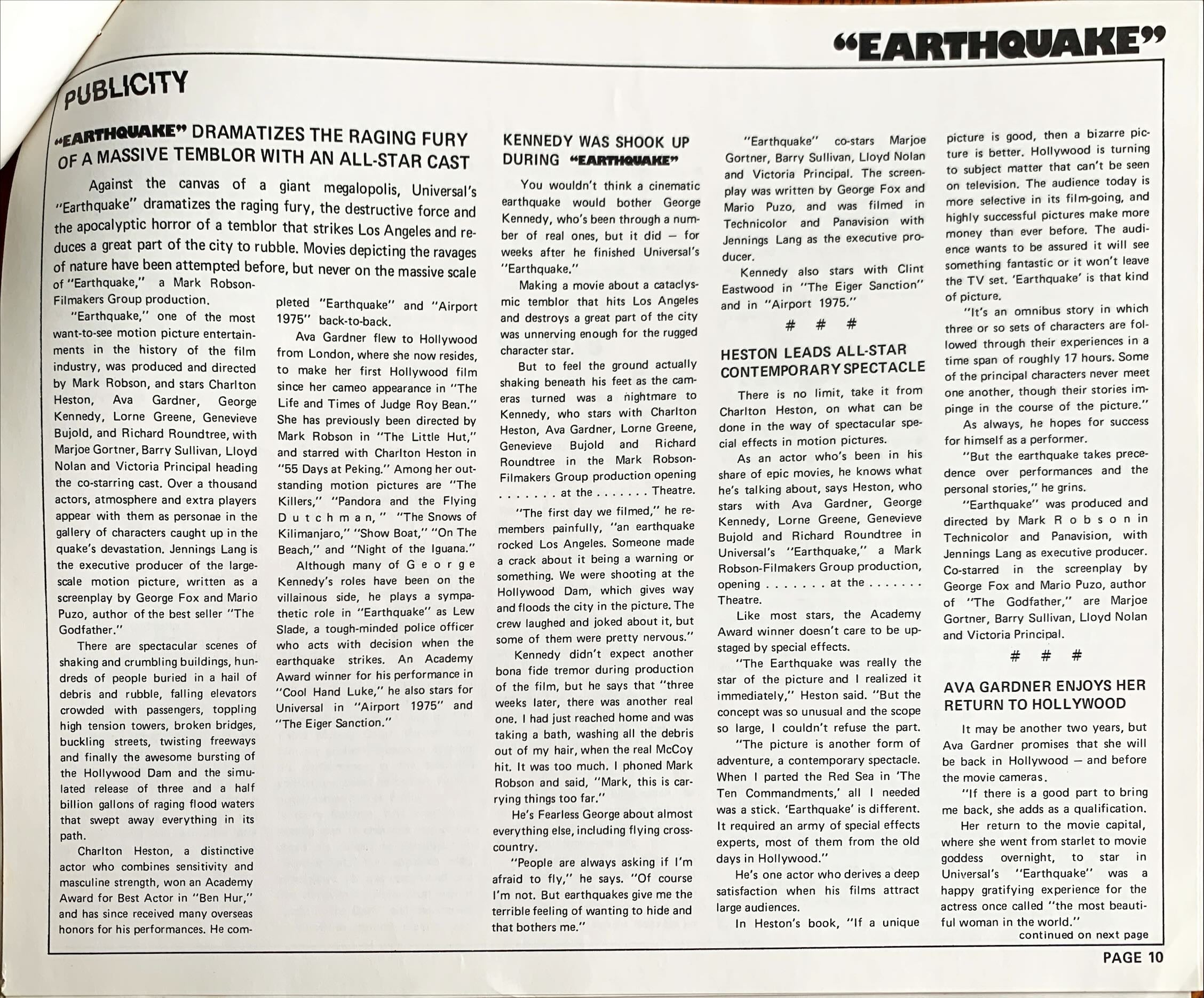 Earthquake,  vintage movie pressbook '74 Charlton Heston