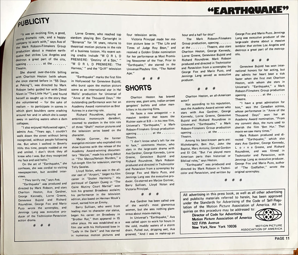Earthquake,  vintage movie pressbook '74 Charlton Heston
