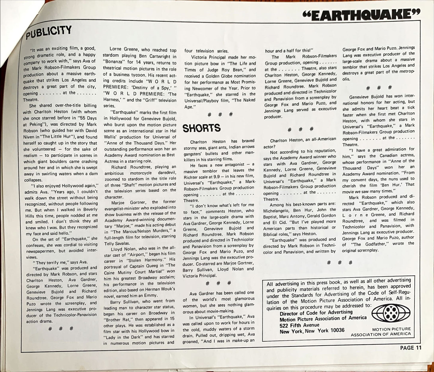 Earthquake,  vintage movie pressbook '74 Charlton Heston