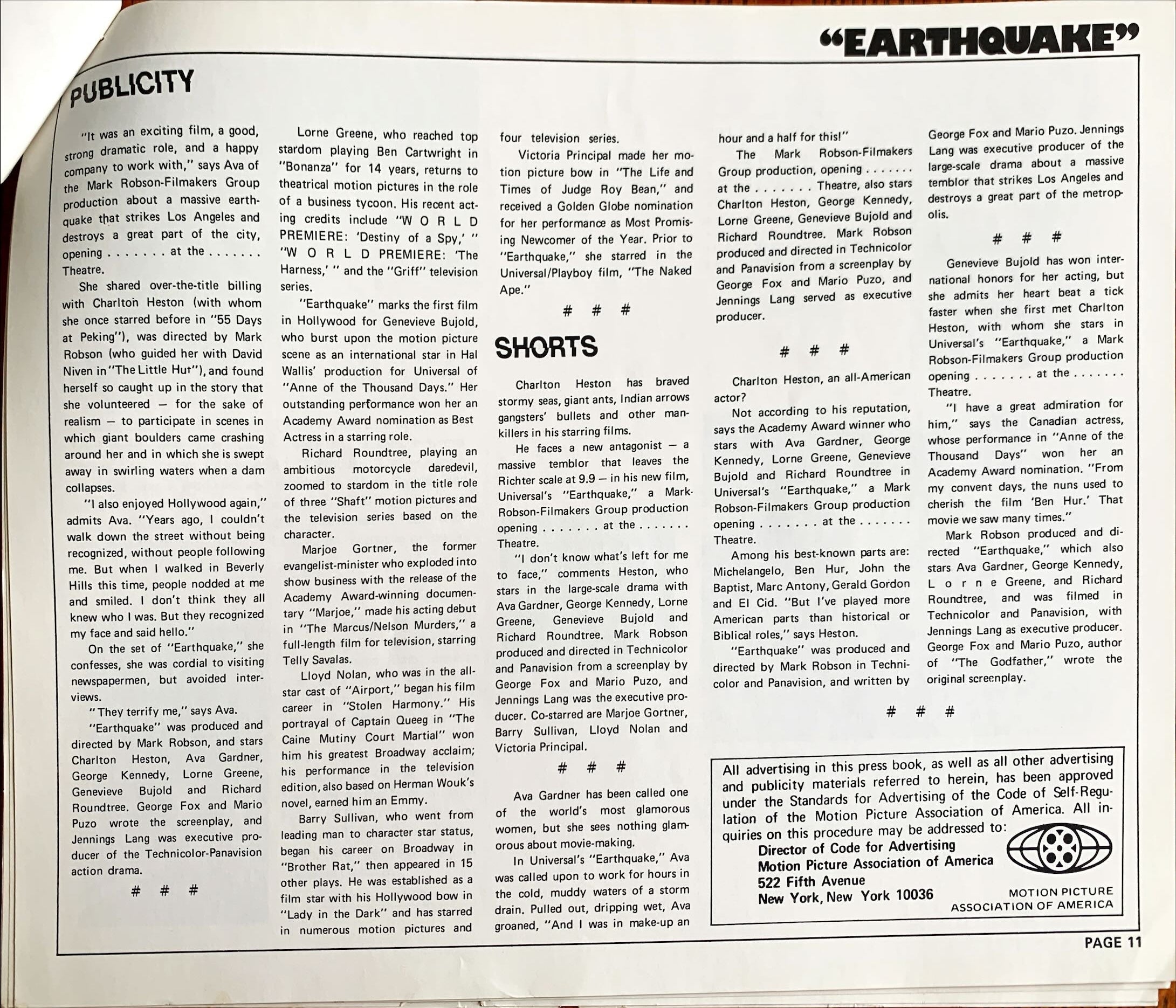 Earthquake,  vintage movie pressbook '74 Charlton Heston