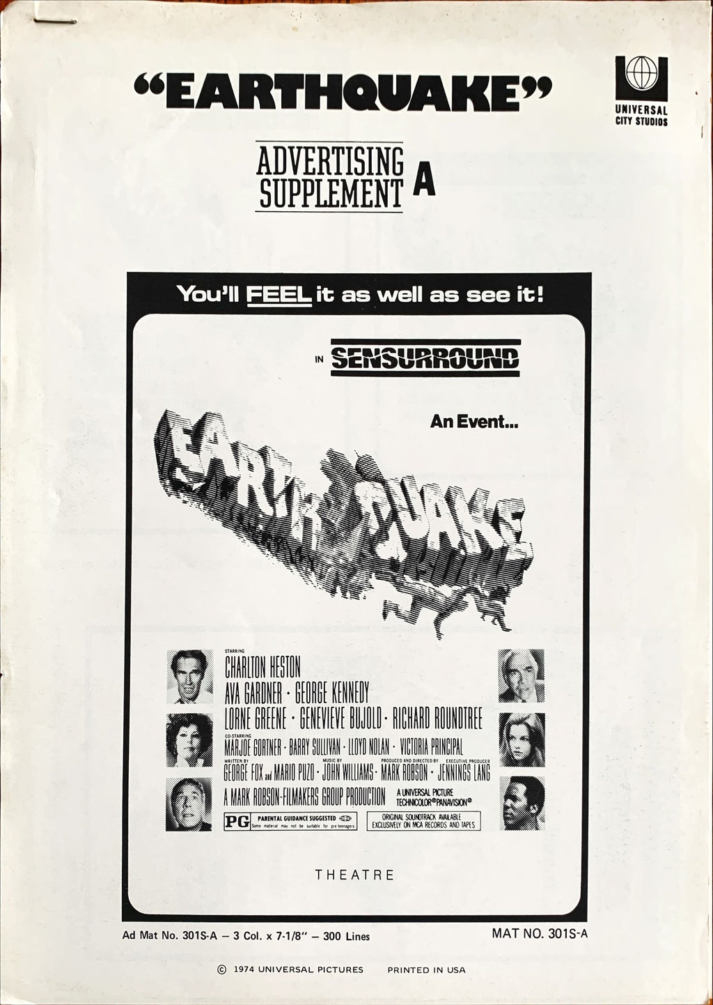 Earthquake,  vintage movie pressbook '74 Charlton Heston