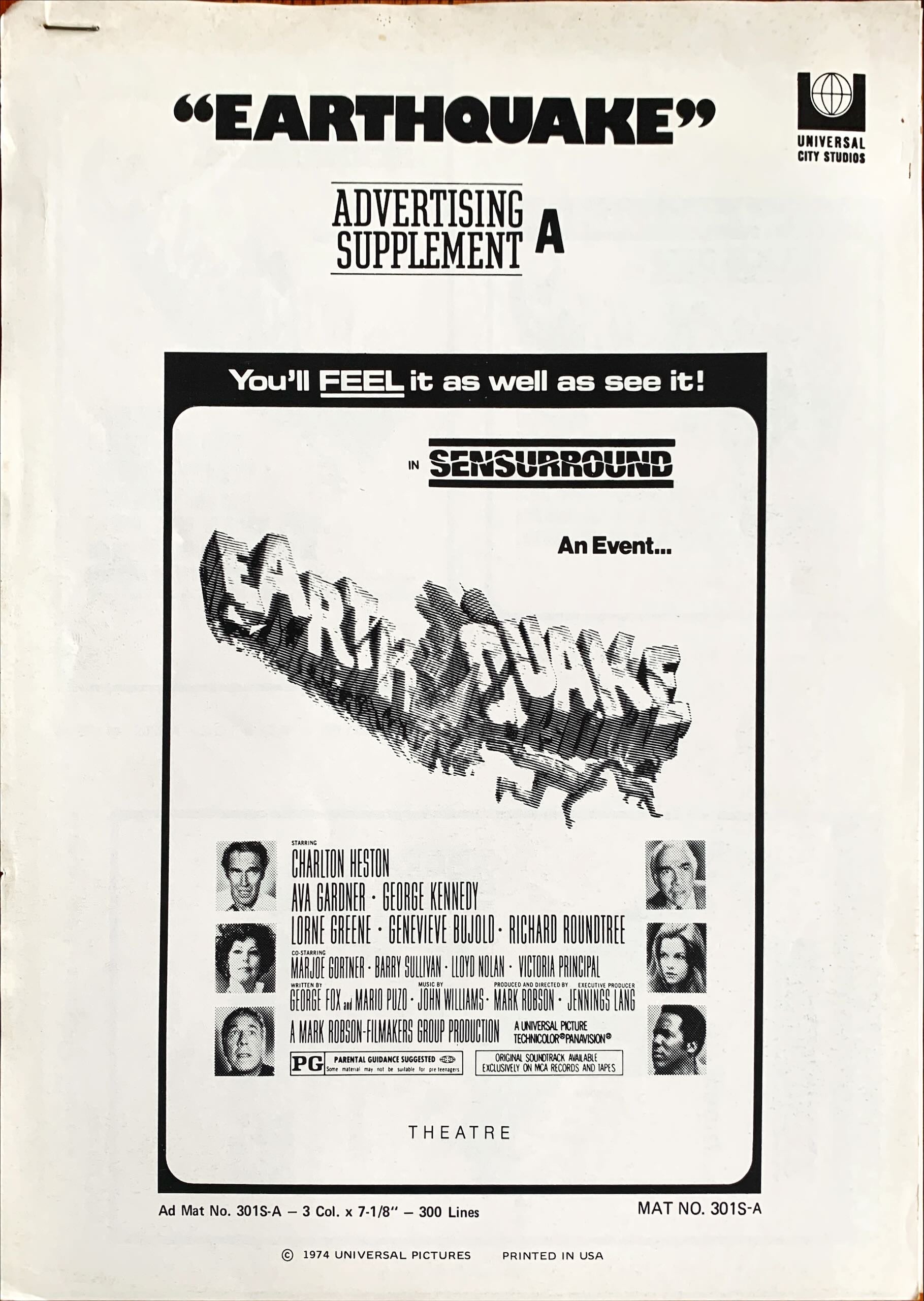 Earthquake,  vintage movie pressbook '74 Charlton Heston