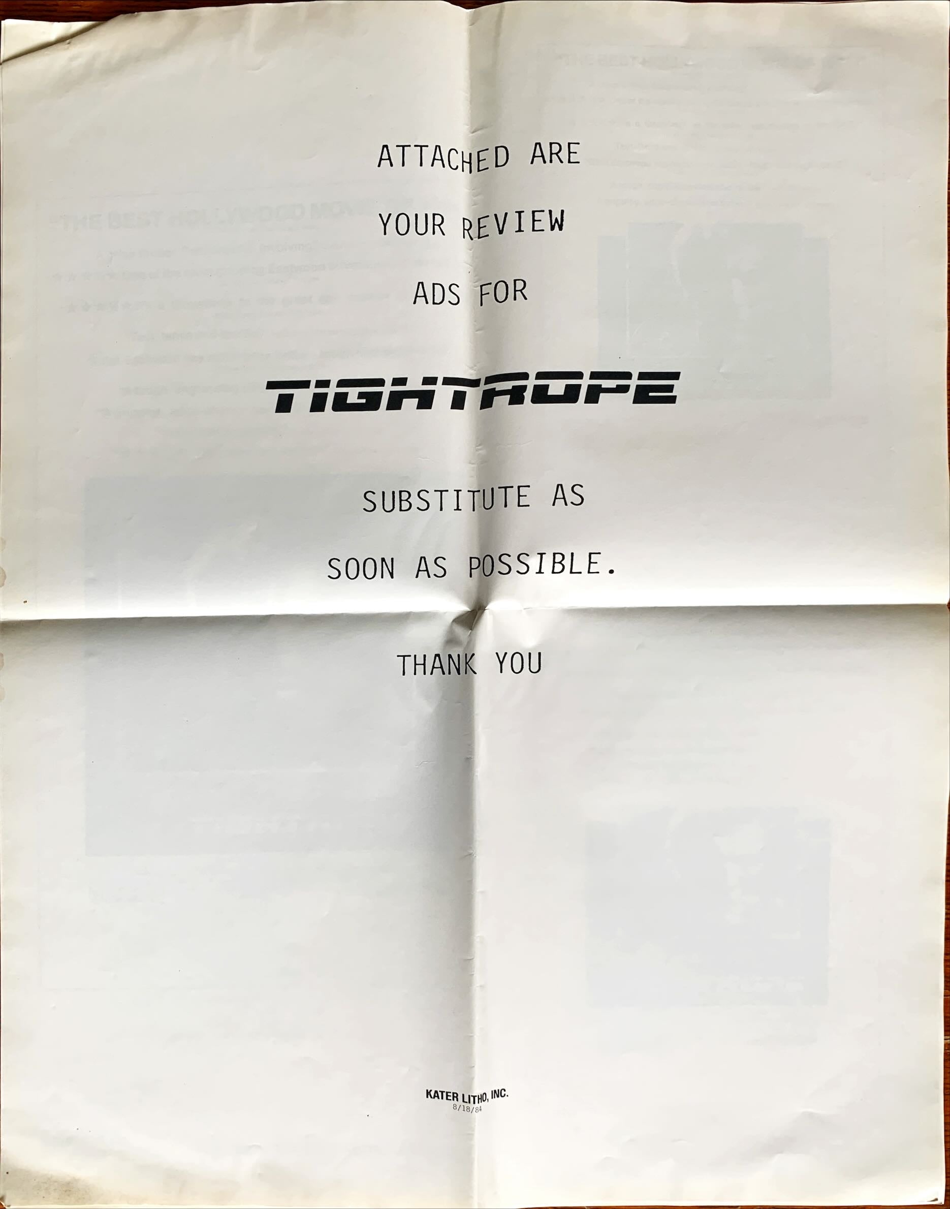 Tightrope, pressbook 1984 Clint Eastwood
