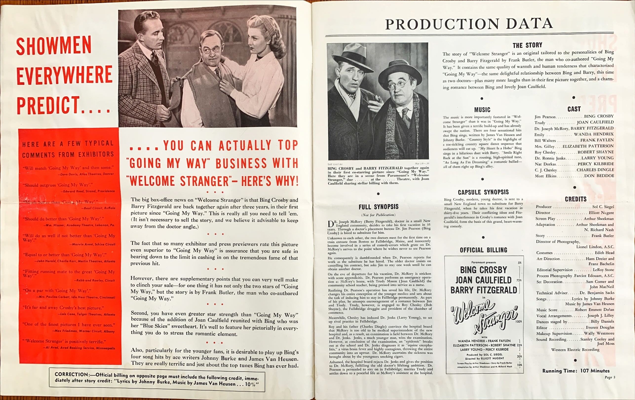 #603 WELCOME STRANGER pressbook '47 Bing Crosby