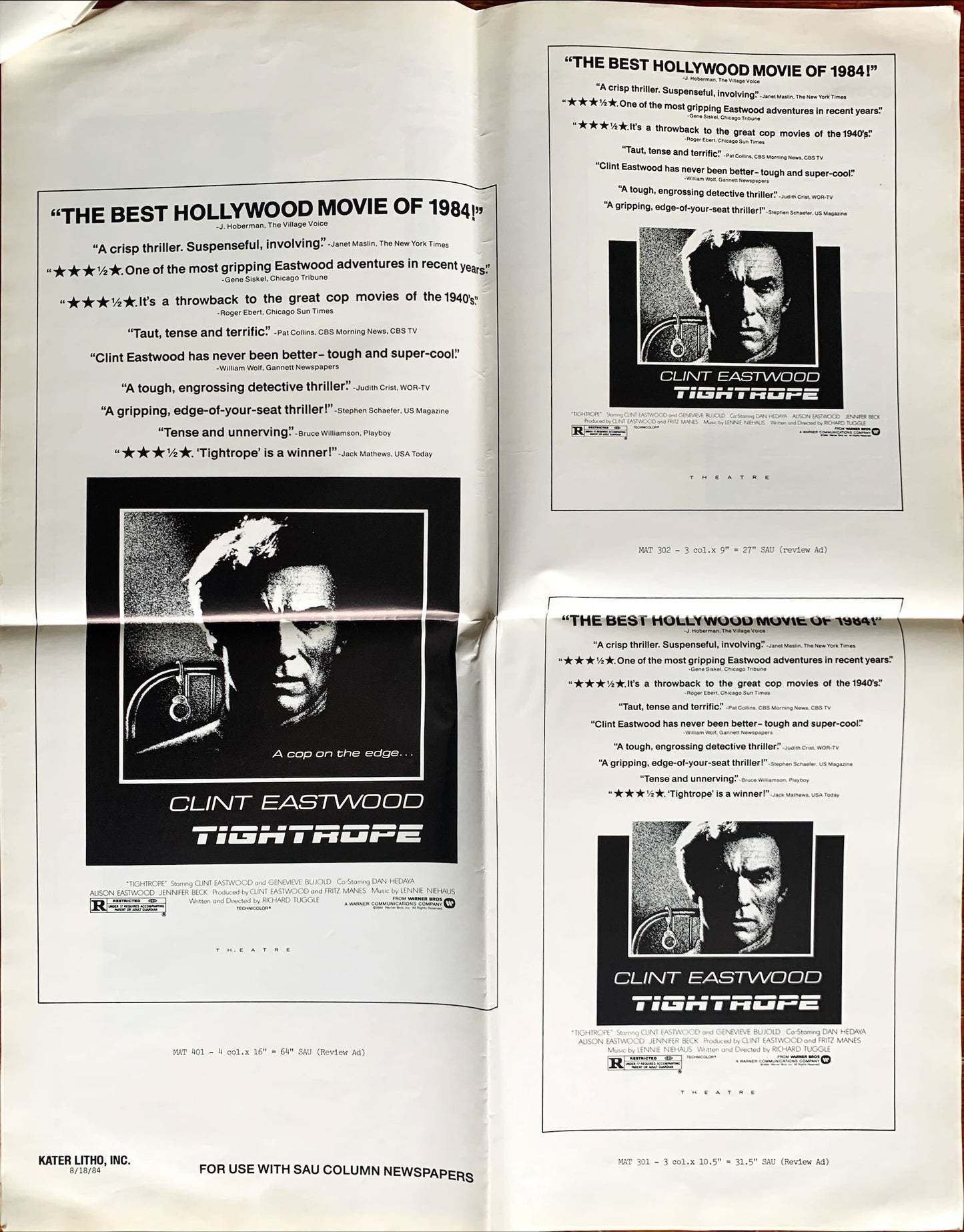 Tightrope, pressbook 1984 Clint Eastwood