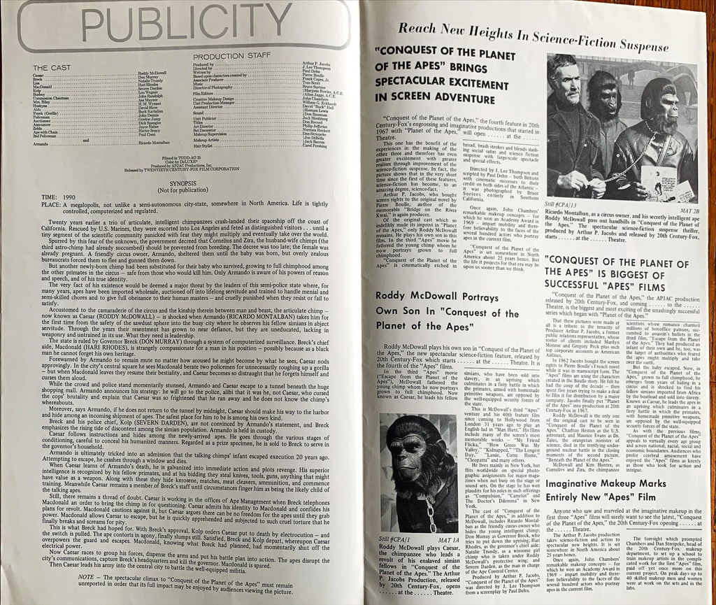 #615 CONQUEST OF THE PLANET OF THE APES pressbook 1972 Roddy McDowall