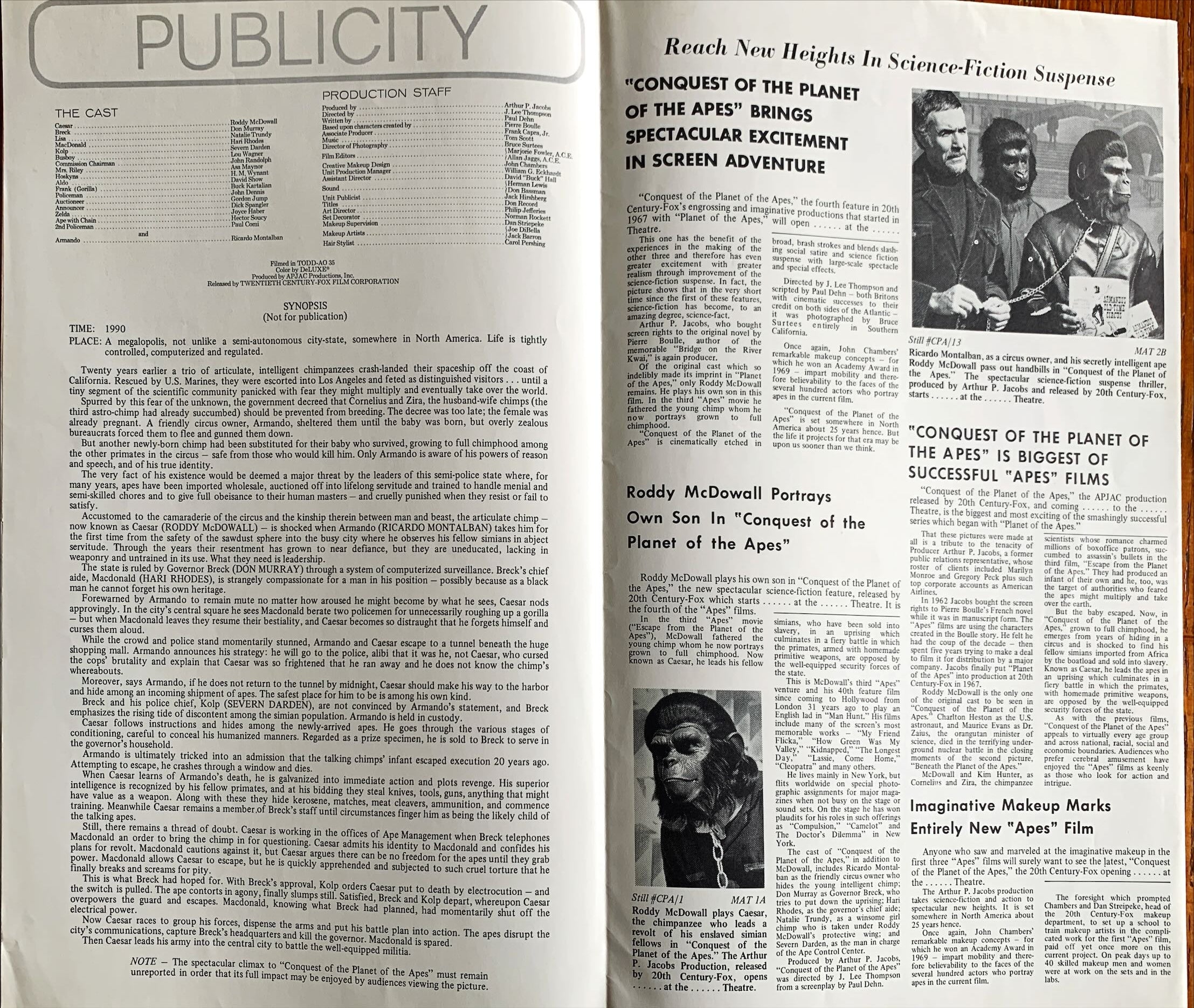 #615 CONQUEST OF THE PLANET OF THE APES pressbook 1972 Roddy McDowall